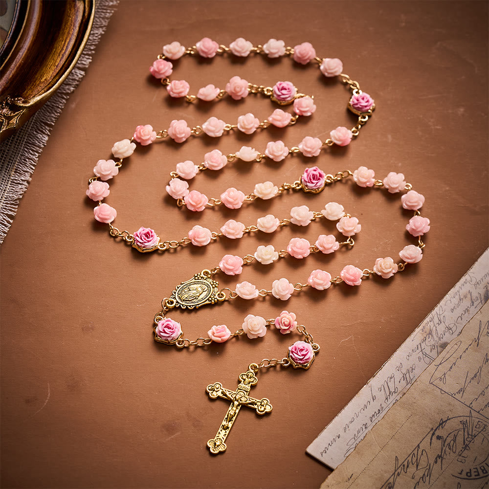 Solacebeads Carved Rose Artistic Rosary: Gentle Devotion With Miraculous Medal & Crucifix - Pink - image 0