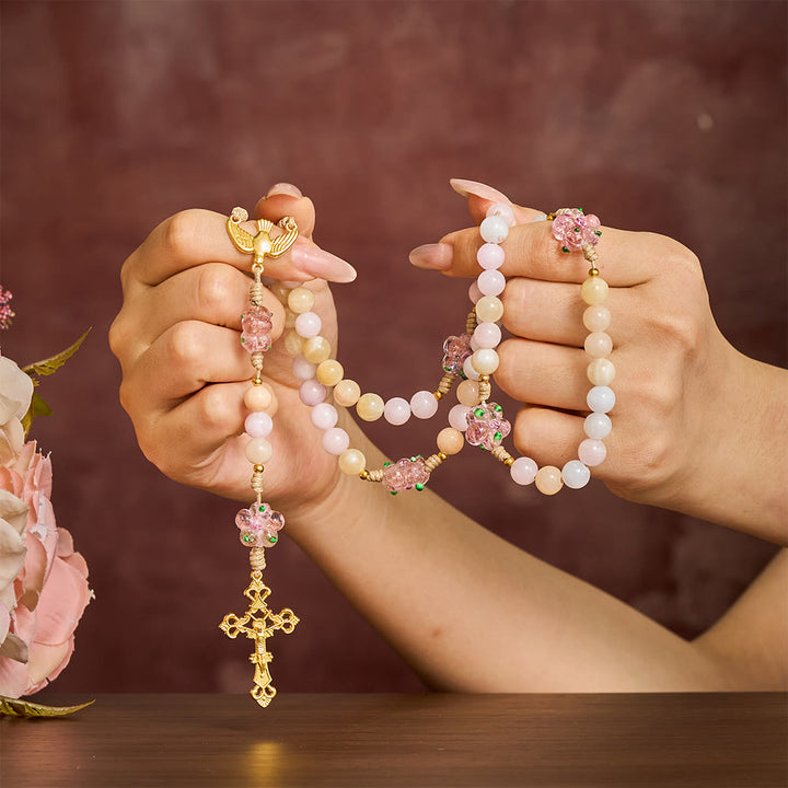 SolaceBeads Multicolor Jade Stone Rosary: Dove Accent &amp; Golden Cross, Crafted With Gentle Vibe - image 1