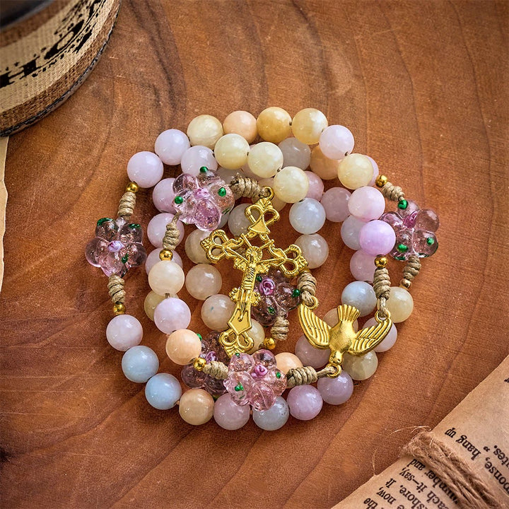 SolaceBeads Multicolor Jade Stone Rosary: Dove Accent &amp; Golden Cross, Crafted With Gentle Vibe - image 4