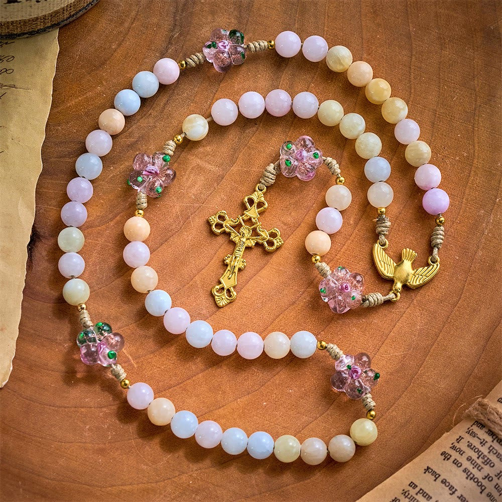 SolaceBeads Multicolor Jade Stone Rosary: Dove Accent & Golden Cross, Crafted With Gentle Vibe - Colorful - image 0