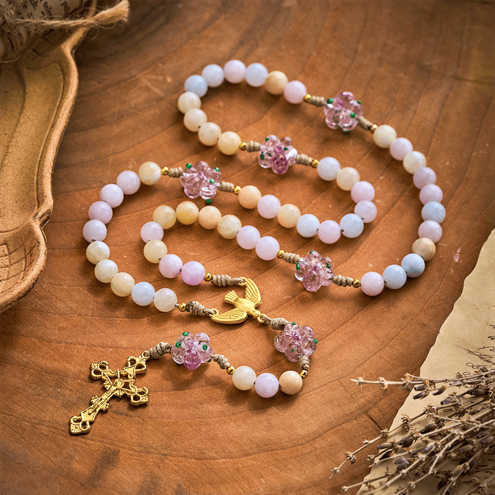 SolaceBeads Multicolor Jade Stone Rosary: Dove Accent &amp; Golden Cross, Crafted With Gentle Vibe - image 2