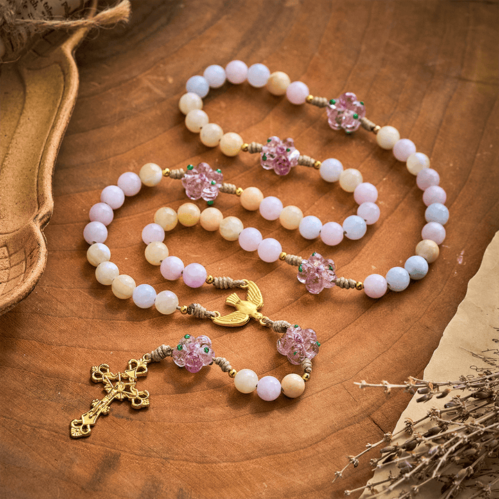 SolaceBeads Multicolor Jade Stone Rosary: Dove Accent &amp; Golden Cross, Crafted With Gentle Vibe - image 2