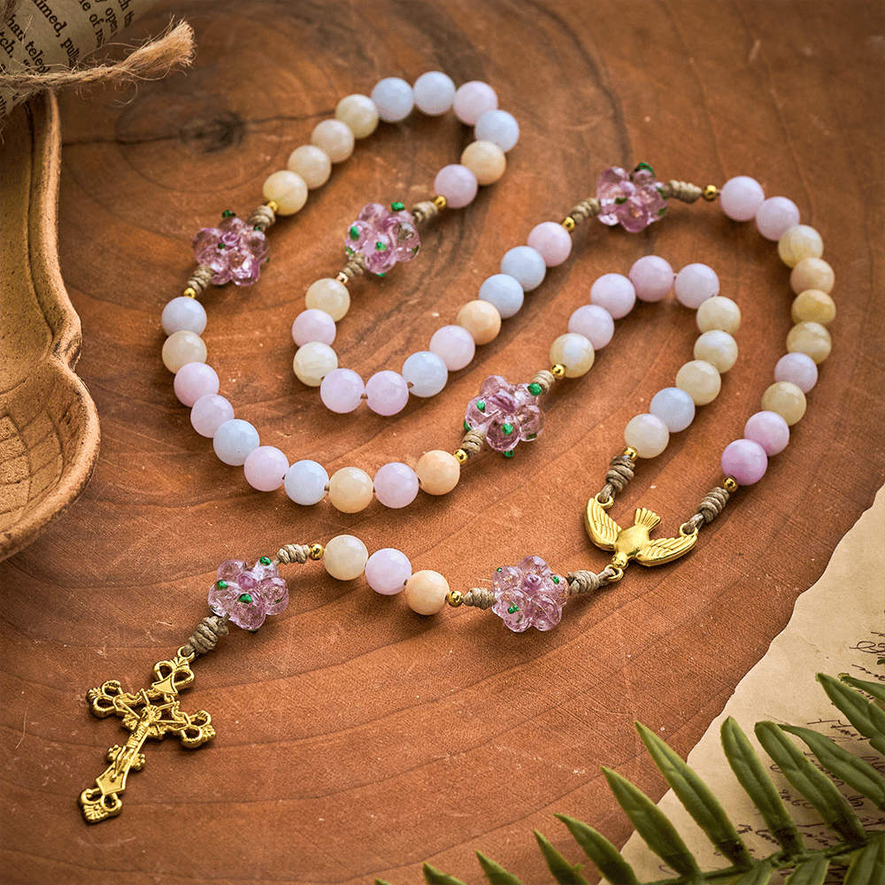 SolaceBeads Multicolor Jade Stone Rosary: Dove Accent &amp; Golden Cross, Crafted With Gentle Vibe - image 3