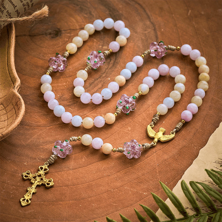 SolaceBeads Multicolor Jade Stone Rosary: Dove Accent &amp; Golden Cross, Crafted With Gentle Vibe - image 3