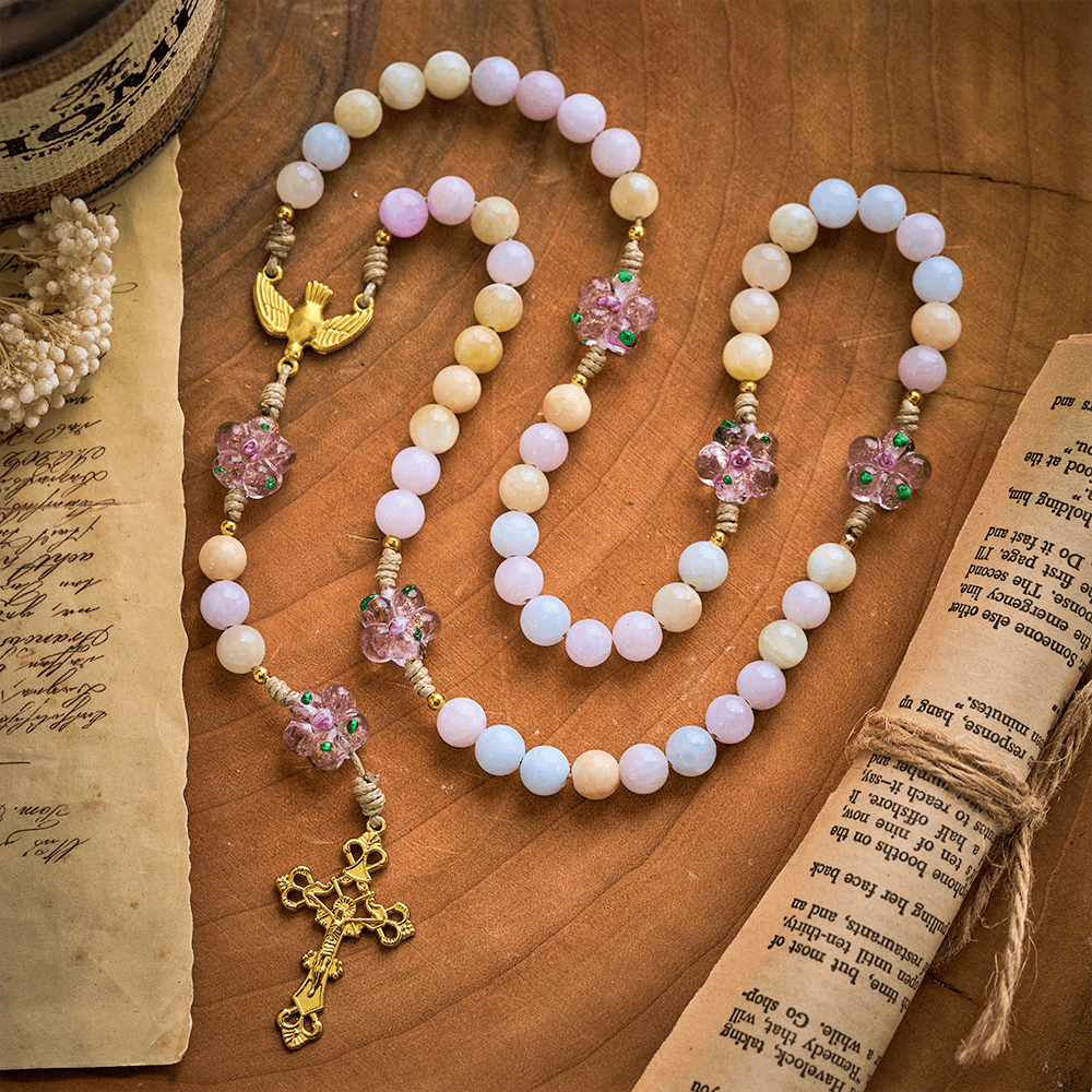 SolaceBeads Multicolor Jade Stone Rosary: Dove Accent &amp; Golden Cross, Crafted With Gentle Vibe - image 9