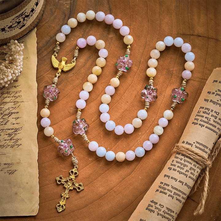 SolaceBeads Multicolor Jade Stone Rosary: Dove Accent &amp; Golden Cross, Crafted With Gentle Vibe - image 9