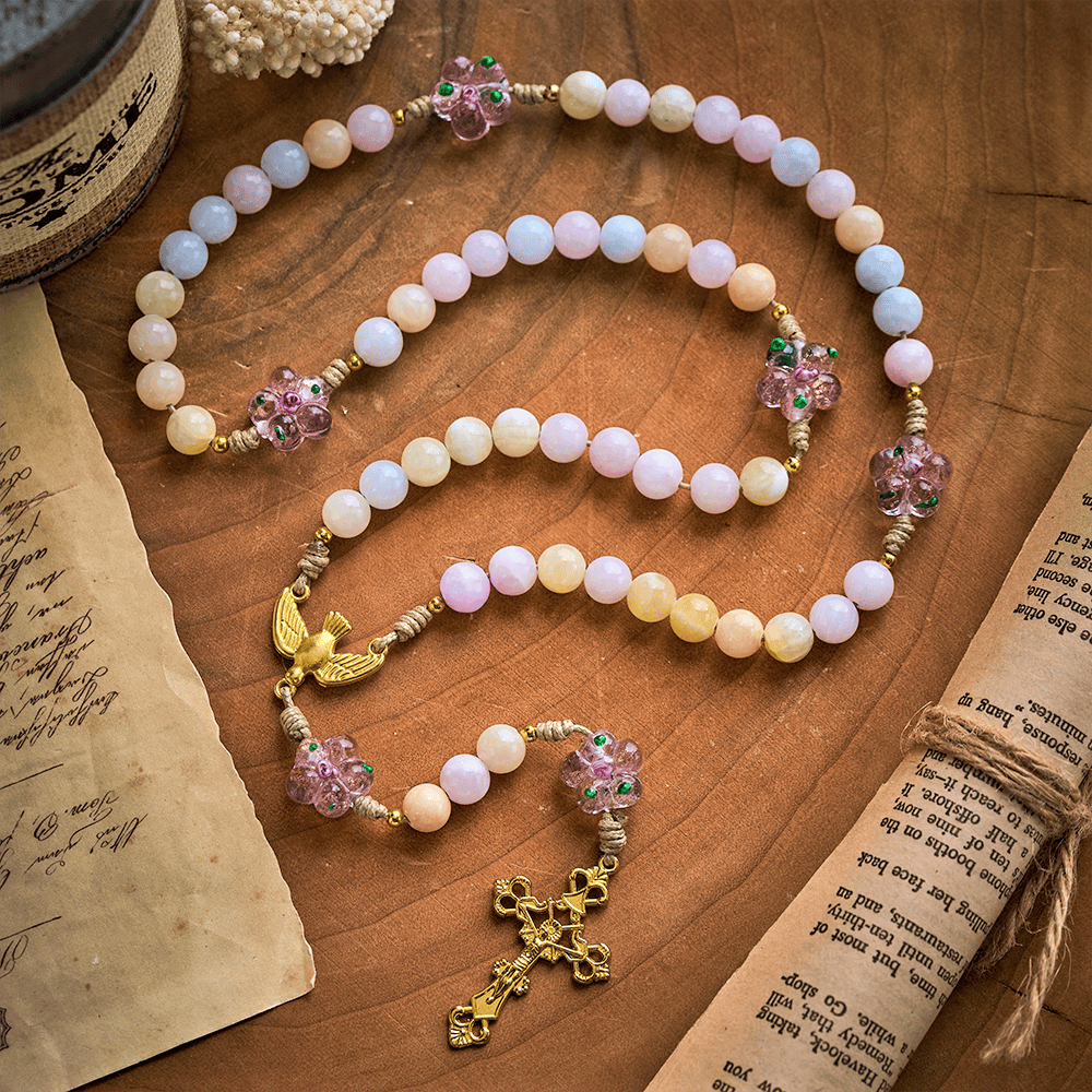 SolaceBeads Multicolor Jade Stone Rosary: Dove Accent &amp; Golden Cross, Crafted With Gentle Vibe - image 8