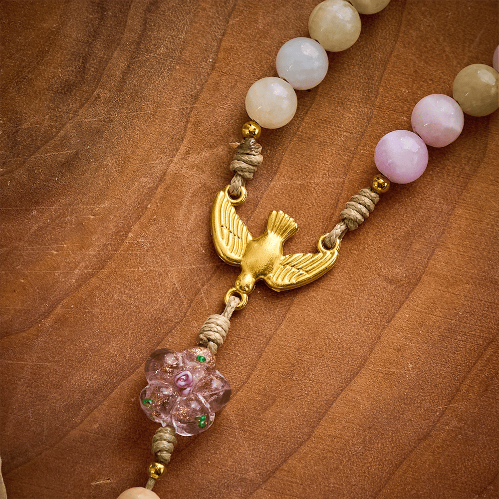 SolaceBeads Multicolor Jade Stone Rosary: Dove Accent &amp; Golden Cross, Crafted With Gentle Vibe - image 6