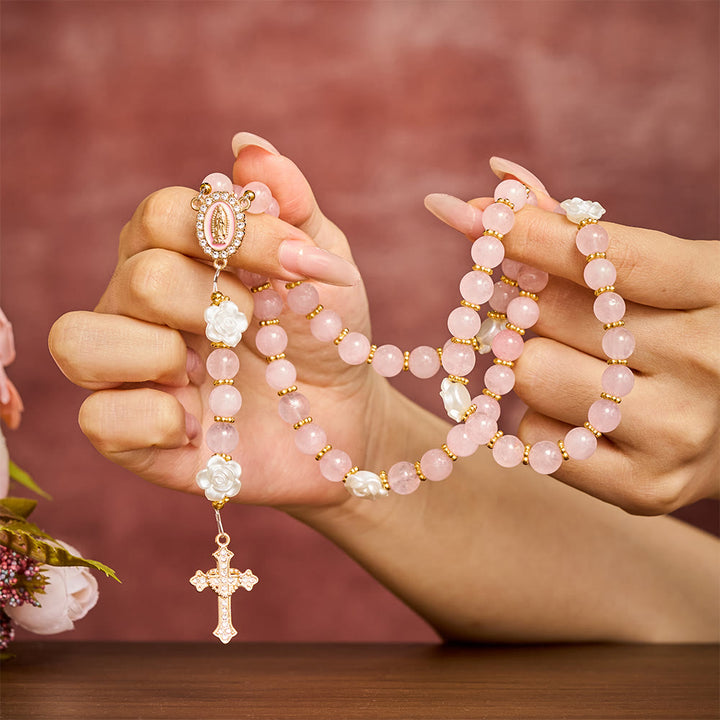 Solacebeads Rose Quartz Rosary: For Gentle Faith With Pink Miraculous Medal &amp; Sacred Heart Cross - image 1
