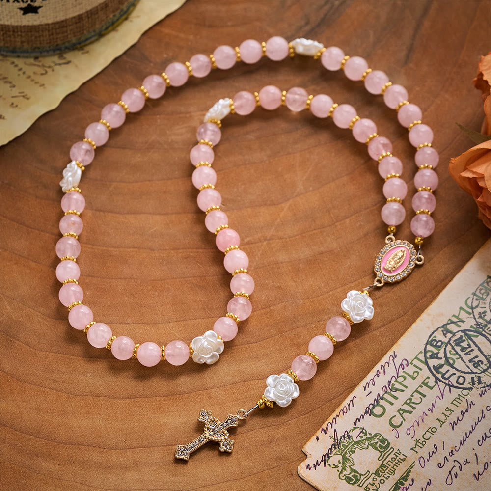 Solacebeads Rose Quartz Rosary: For Gentle Faith With Pink Miraculous Medal &amp; Sacred Heart Cross - image 6