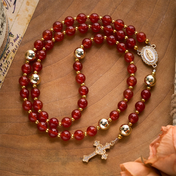 Solacebeads The Red Agate Crimson Rosary With Miraculous Medal &amp; Sacred Heart Cross: Rooted In Grace - Red Agate - image 0