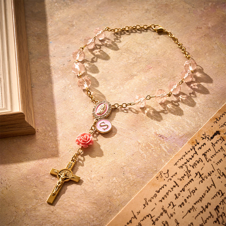 SolaceBeads Light Pink Crystal Car Rosary With Pink Rose Bead Accents, Cross &amp; Medal: Soft Warmth - Light Pink - image 0