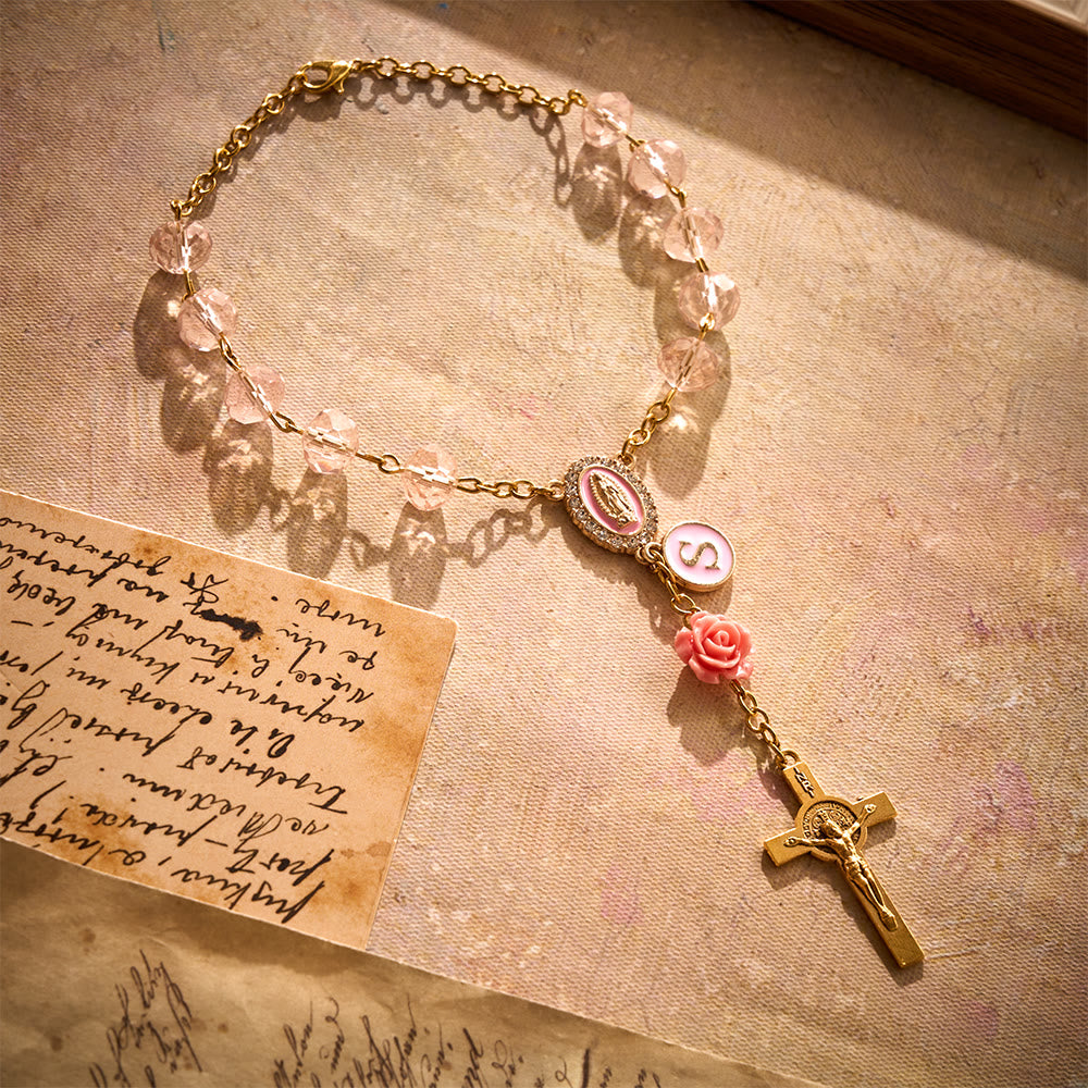 SolaceBeads Light Pink Crystal Car Rosary With Pink Rose Bead Accents, Cross &amp; Medal: Soft Warmth - image 7