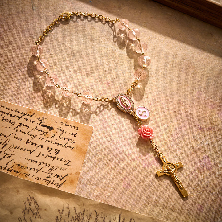 SolaceBeads Light Pink Crystal Car Rosary With Pink Rose Bead Accents, Cross &amp; Medal: Soft Warmth - image 7