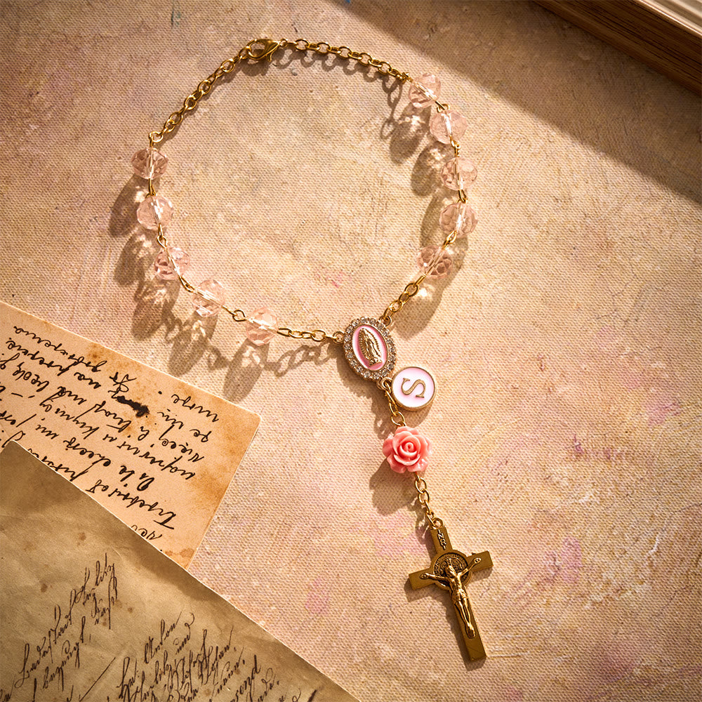 SolaceBeads Light Pink Crystal Car Rosary With Pink Rose Bead Accents, Cross &amp; Medal: Soft Warmth - image 2