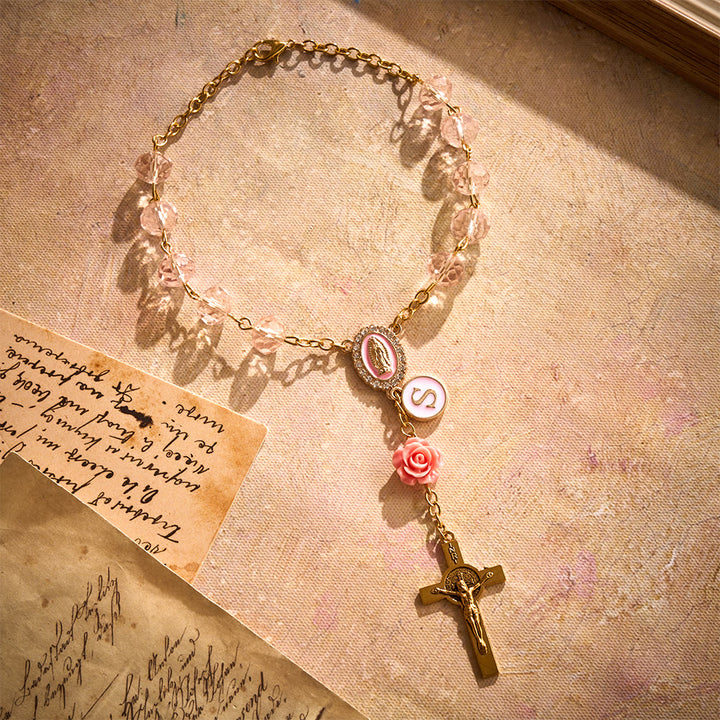 SolaceBeads Light Pink Crystal Car Rosary With Pink Rose Bead Accents, Cross &amp; Medal: Soft Warmth - image 2