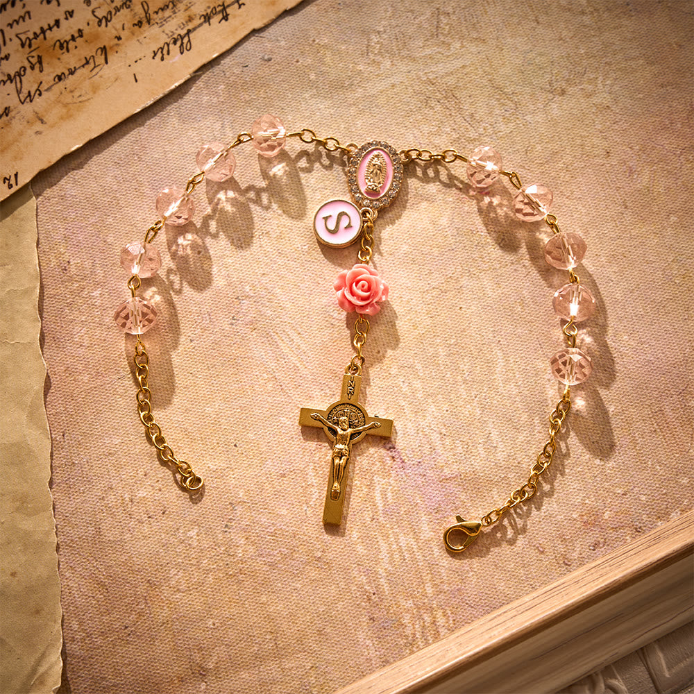 SolaceBeads Light Pink Crystal Car Rosary With Pink Rose Bead Accents, Cross &amp; Medal: Soft Warmth - image 3