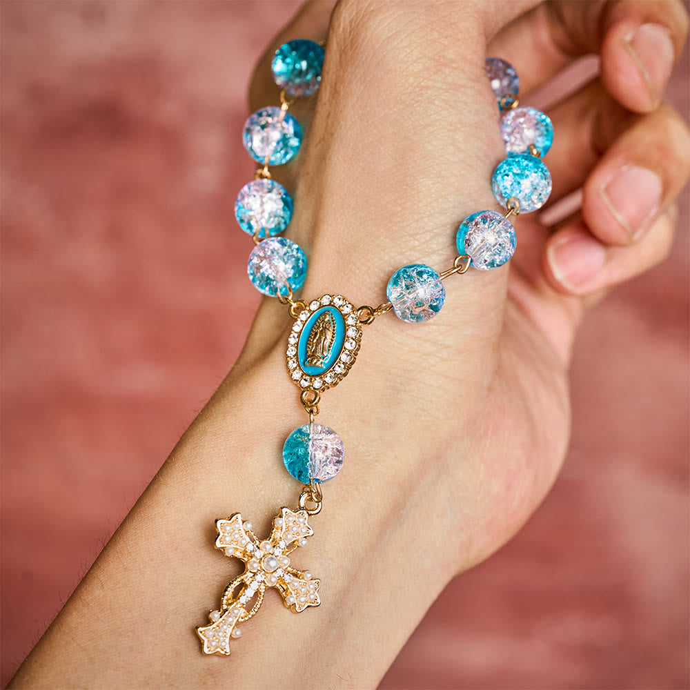SolaceBeads Car Rosary, Lake Blue Glass Beads with Enamel Medal &amp; Ornate Cross: Refreshing Serenity - image 1