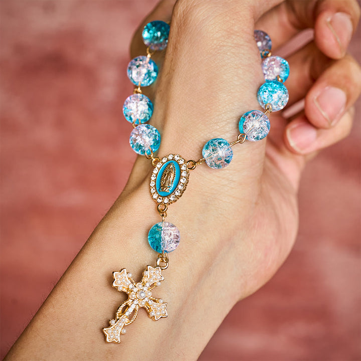 SolaceBeads Car Rosary, Lake Blue Glass Beads with Enamel Medal &amp; Ornate Cross: Refreshing Serenity - image 1