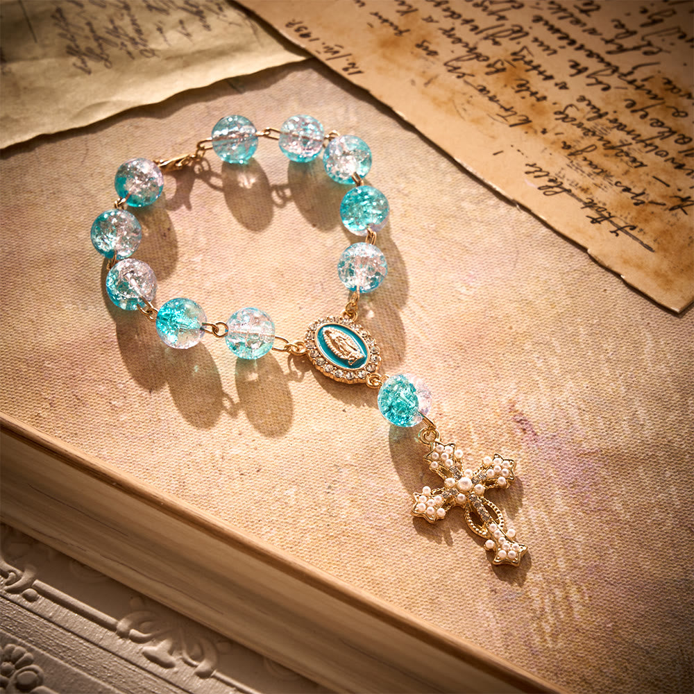 SolaceBeads Car Rosary, Lake Blue Glass Beads with Enamel Medal &amp; Ornate Cross: Refreshing Serenity - image 2