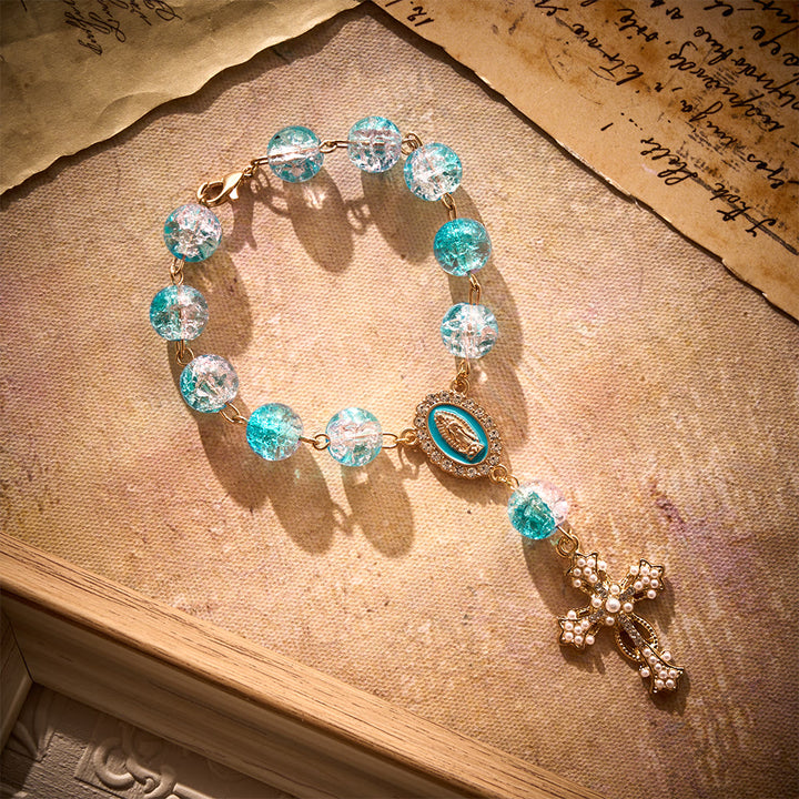 SolaceBeads Car Rosary, Lake Blue Glass Beads with Enamel Medal &amp; Ornate Cross: Refreshing Serenity - image 7