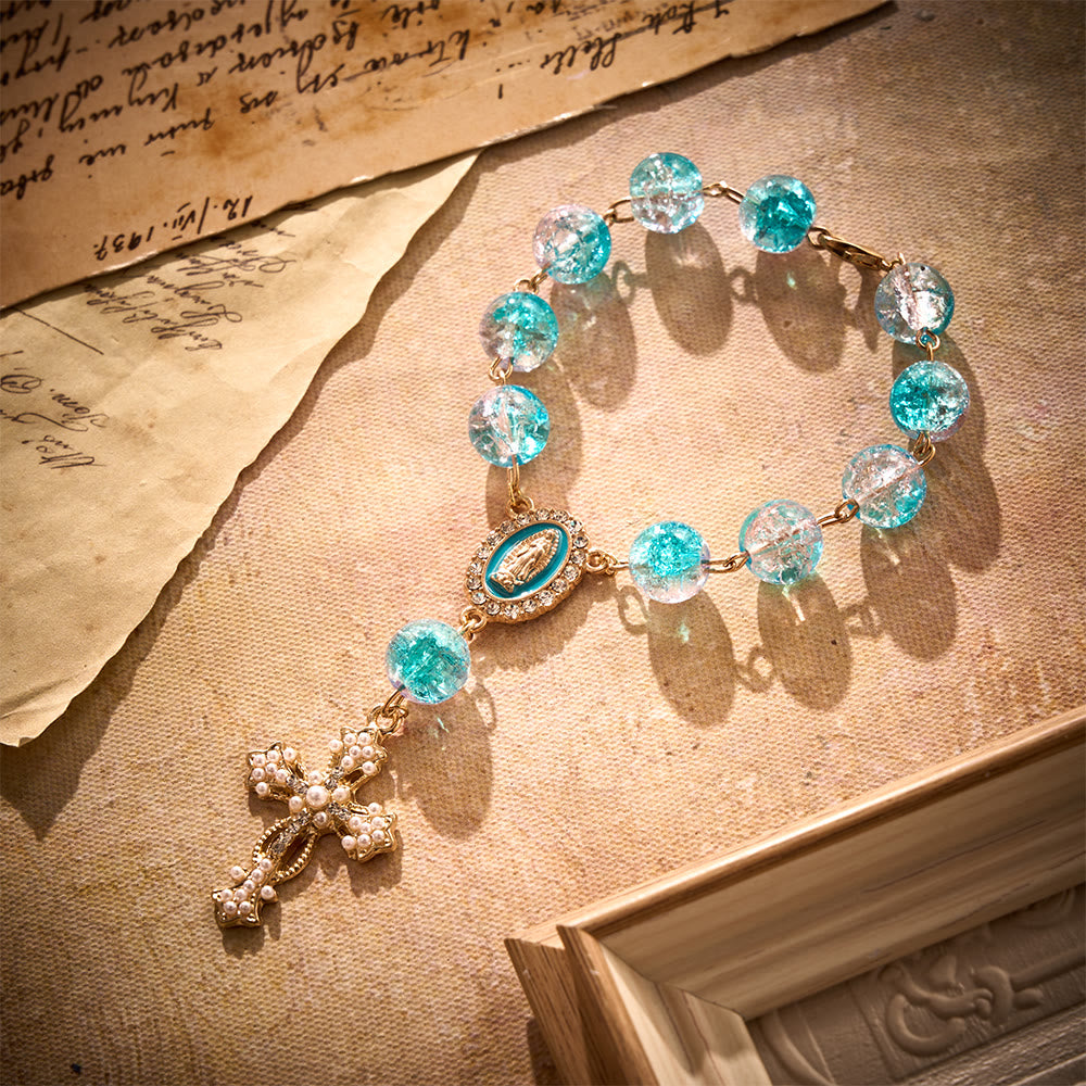 SolaceBeads Car Rosary, Lake Blue Glass Beads with Enamel Medal & Ornate Cross: Refreshing Serenity - Lake Blue - image 0