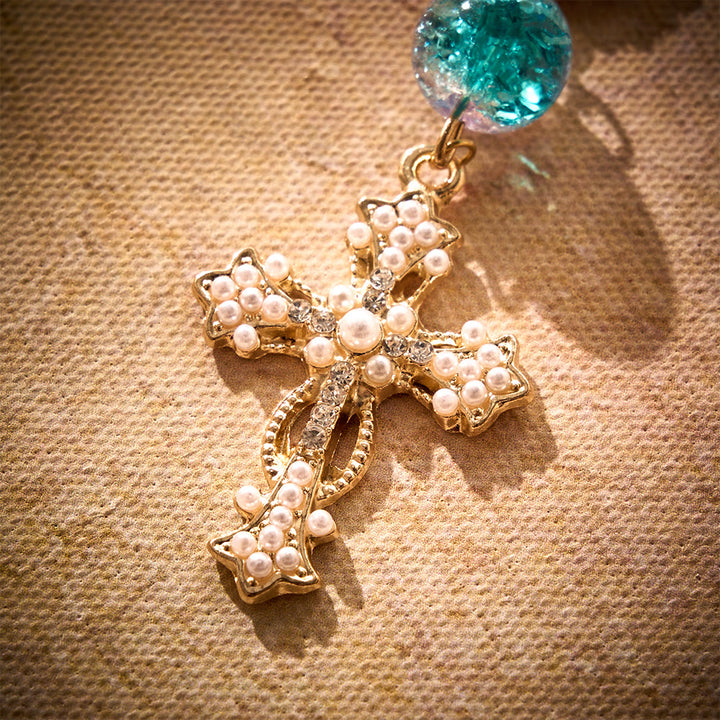 SolaceBeads Car Rosary, Lake Blue Glass Beads with Enamel Medal &amp; Ornate Cross: Refreshing Serenity - image 6
