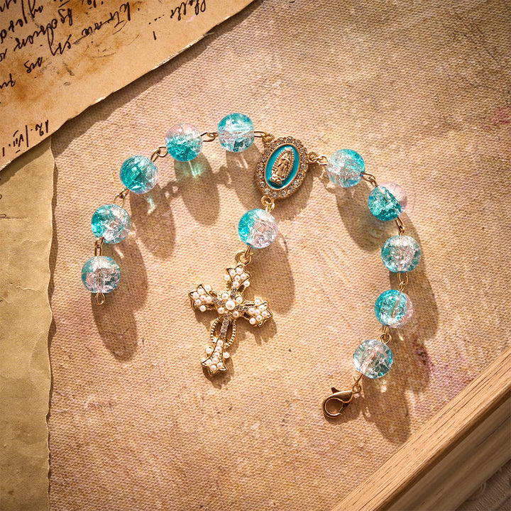 SolaceBeads Car Rosary, Lake Blue Glass Beads with Enamel Medal &amp; Ornate Cross: Refreshing Serenity - image 3