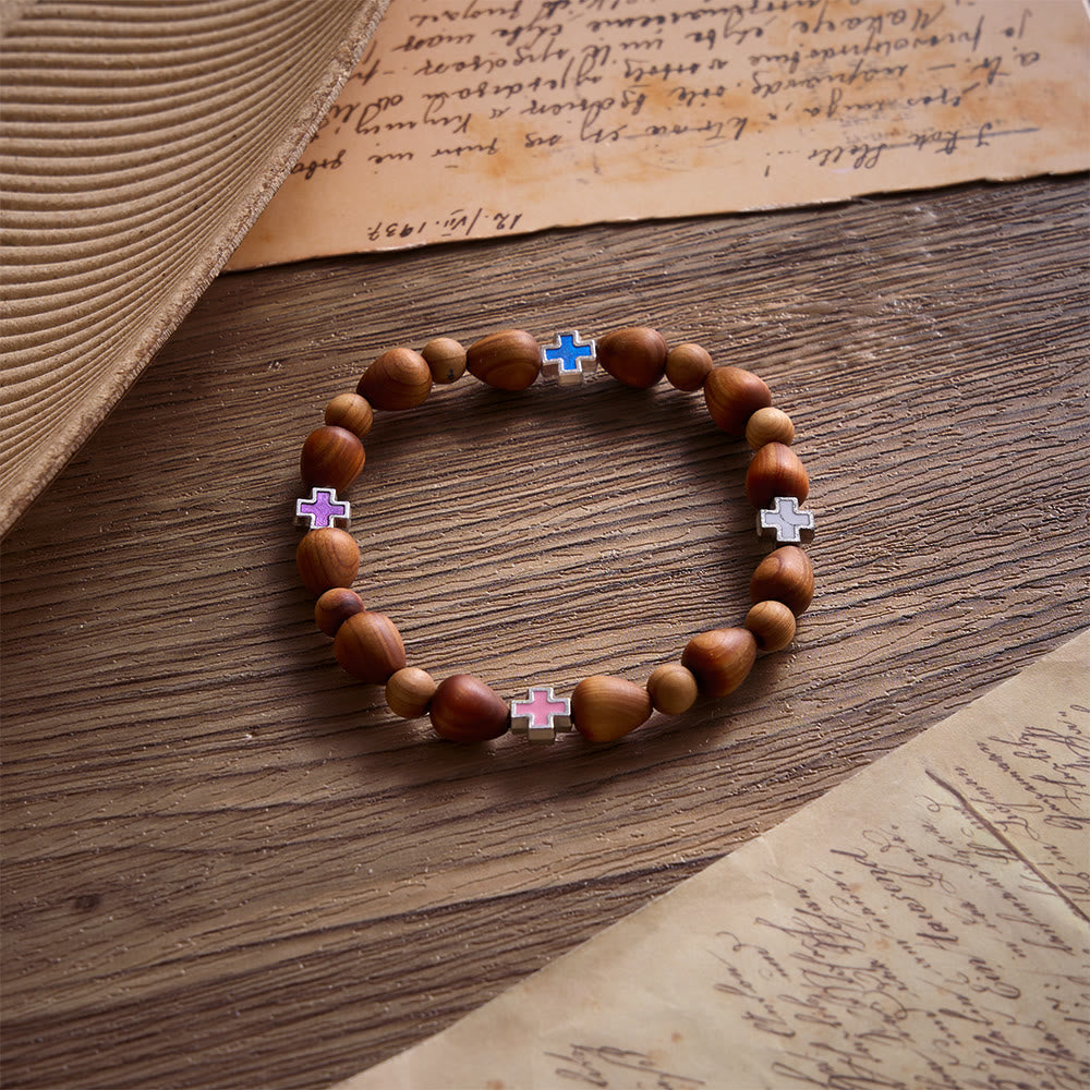 Solacebeads Nature Calm Thuja Wood Rosary Bracelet: Rooted In Comfort With Multi-color Cross Accents - Thuja Wood - image 0