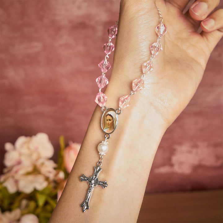 Solacebeads Pink Glow Car Rosary: Rooted In Peace - Pink Faceted Beads &amp; Pearl With Maria Medal - image 1