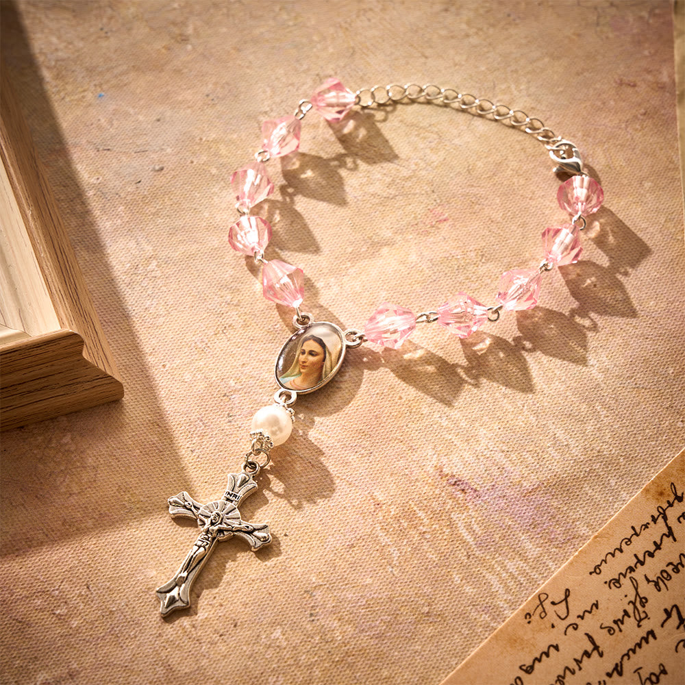 Solacebeads Pink Glow Car Rosary: Rooted In Peace - Pink Faceted Beads & Pearl With Maria Medal - Pink - image 0