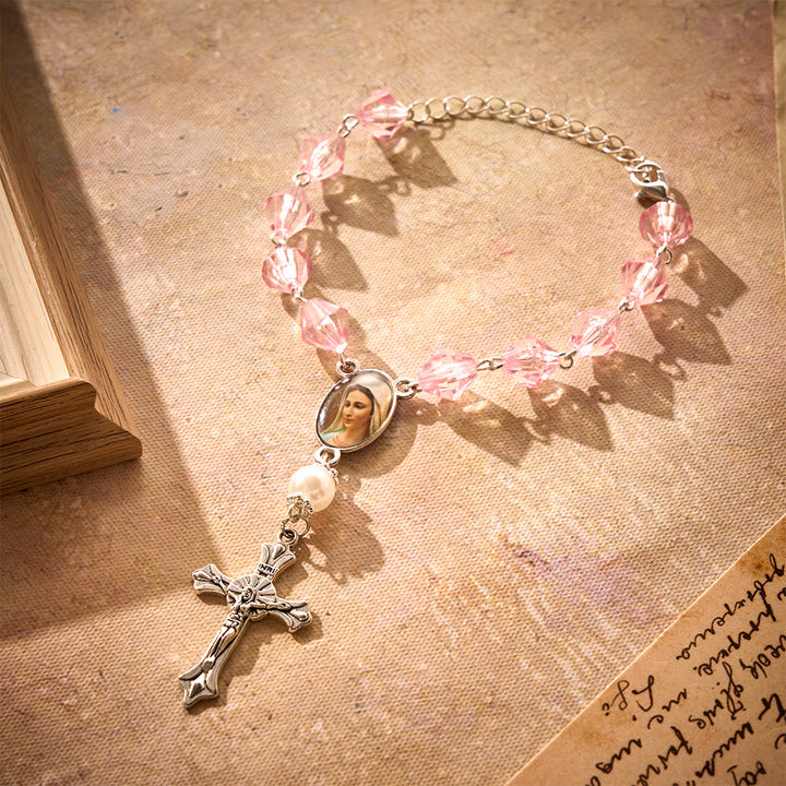 Solacebeads Pink Glow Car Rosary: Rooted In Peace - Pink Faceted Beads &amp; Pearl With Maria Medal - Pink - image 0
