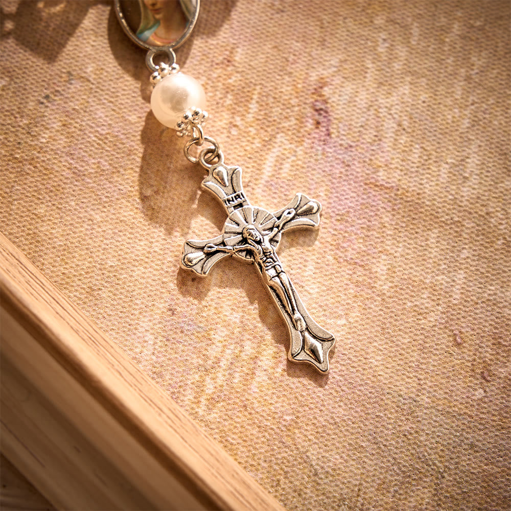 Solacebeads Pink Glow Car Rosary: Rooted In Peace - Pink Faceted Beads &amp; Pearl With Maria Medal - image 4