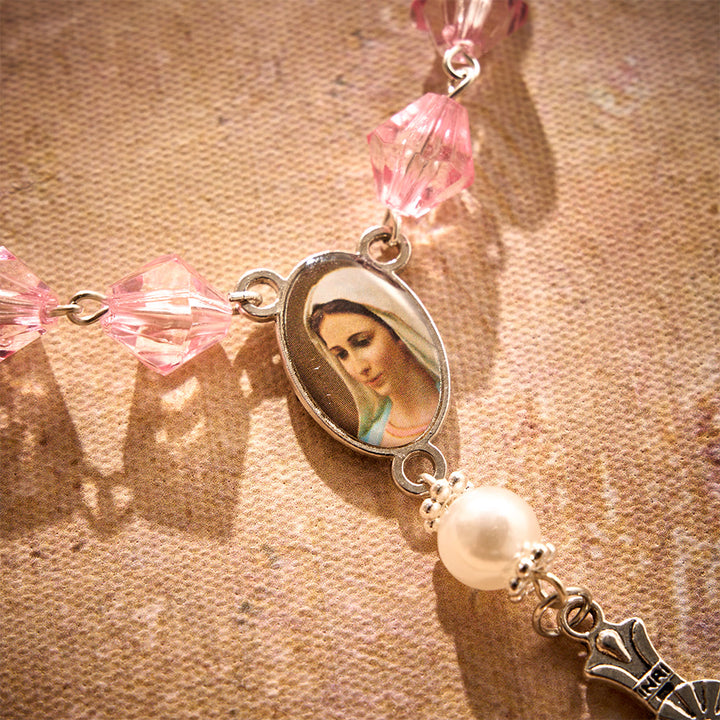 Solacebeads Pink Glow Car Rosary: Rooted In Peace - Pink Faceted Beads &amp; Pearl With Maria Medal - image 3