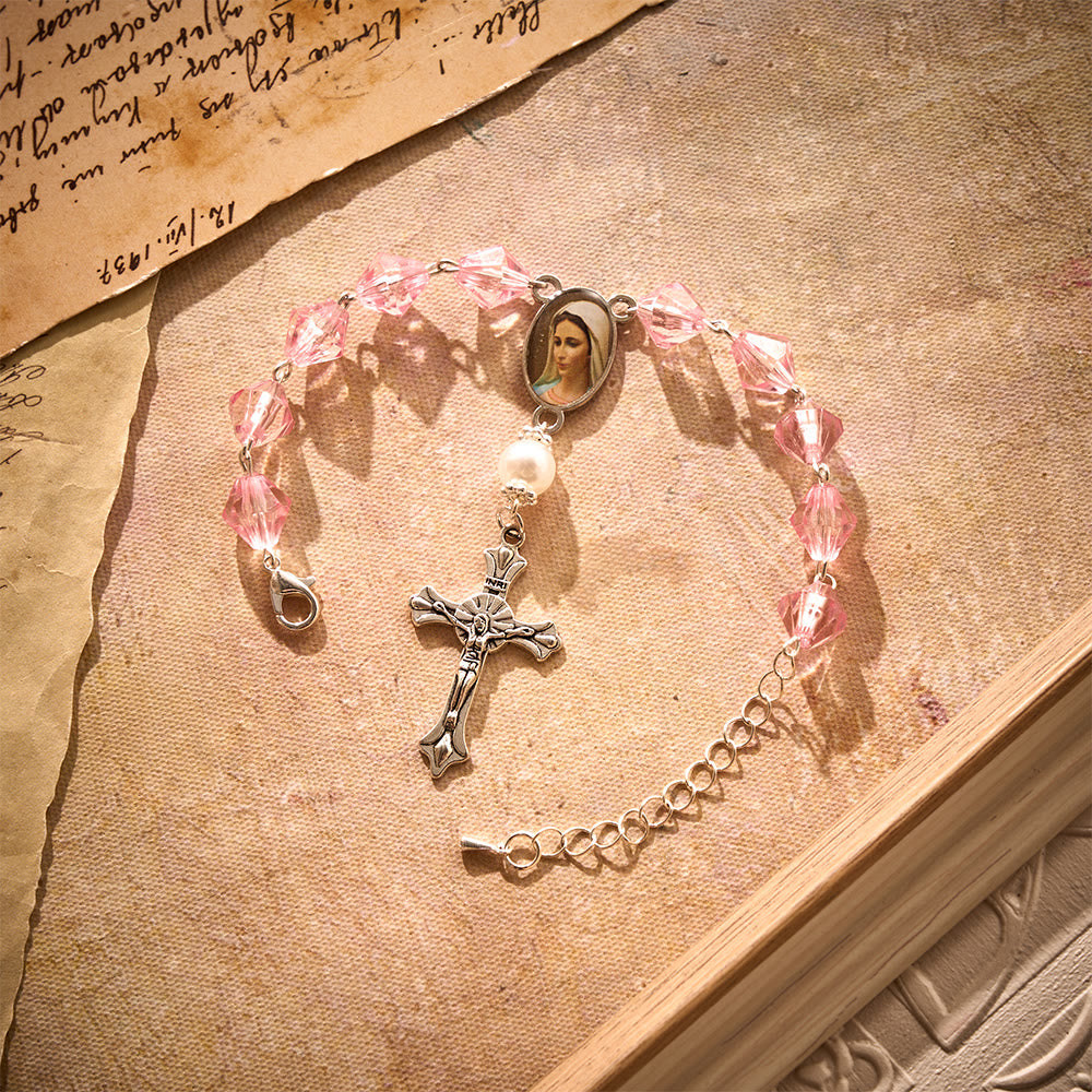 Solacebeads Pink Glow Car Rosary: Rooted In Peace - Pink Faceted Beads &amp; Pearl With Maria Medal - image 6