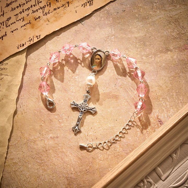Solacebeads Pink Glow Car Rosary: Rooted In Peace - Pink Faceted Beads &amp; Pearl With Maria Medal - image 6