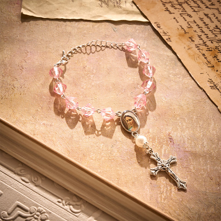 Solacebeads Pink Glow Car Rosary: Rooted In Peace - Pink Faceted Beads &amp; Pearl With Maria Medal - image 5