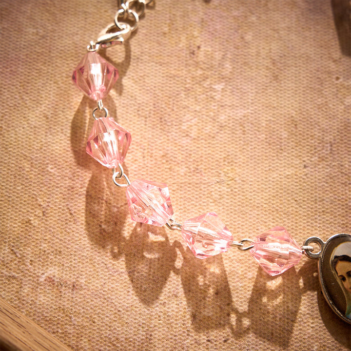 Solacebeads Pink Glow Car Rosary: Rooted In Peace - Pink Faceted Beads &amp; Pearl With Maria Medal - image 2