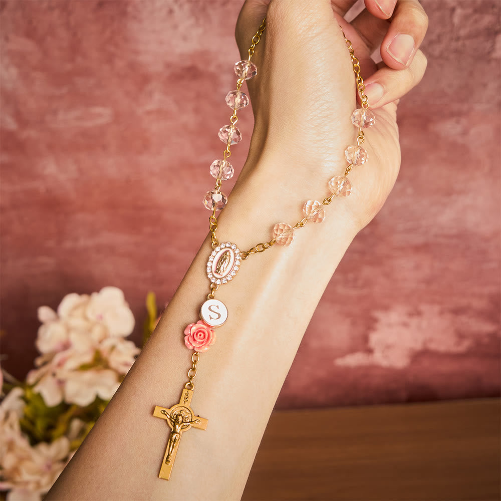 SolaceBeads Light Pink Crystal Car Rosary With Pink Rose Bead Accents, Cross &amp; Medal: Soft Warmth - image 1