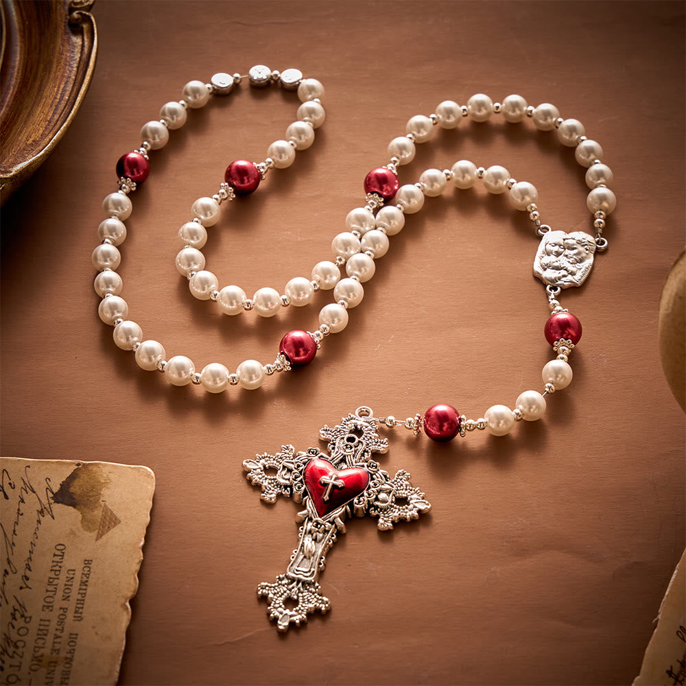 SolaceBeads White Pearl Artistic Rosary With JMJ Letter Beads, Holy Family Medal &amp; Sacred Heart Cross - image 2