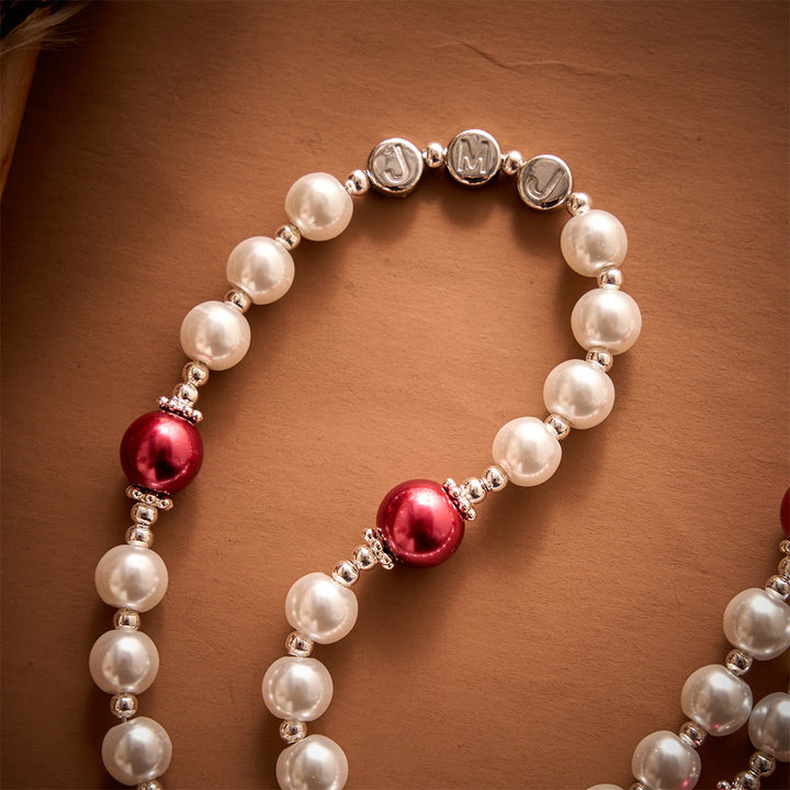 SolaceBeads White Pearl Artistic Rosary With JMJ Letter Beads, Holy Family Medal &amp; Sacred Heart Cross - image 4