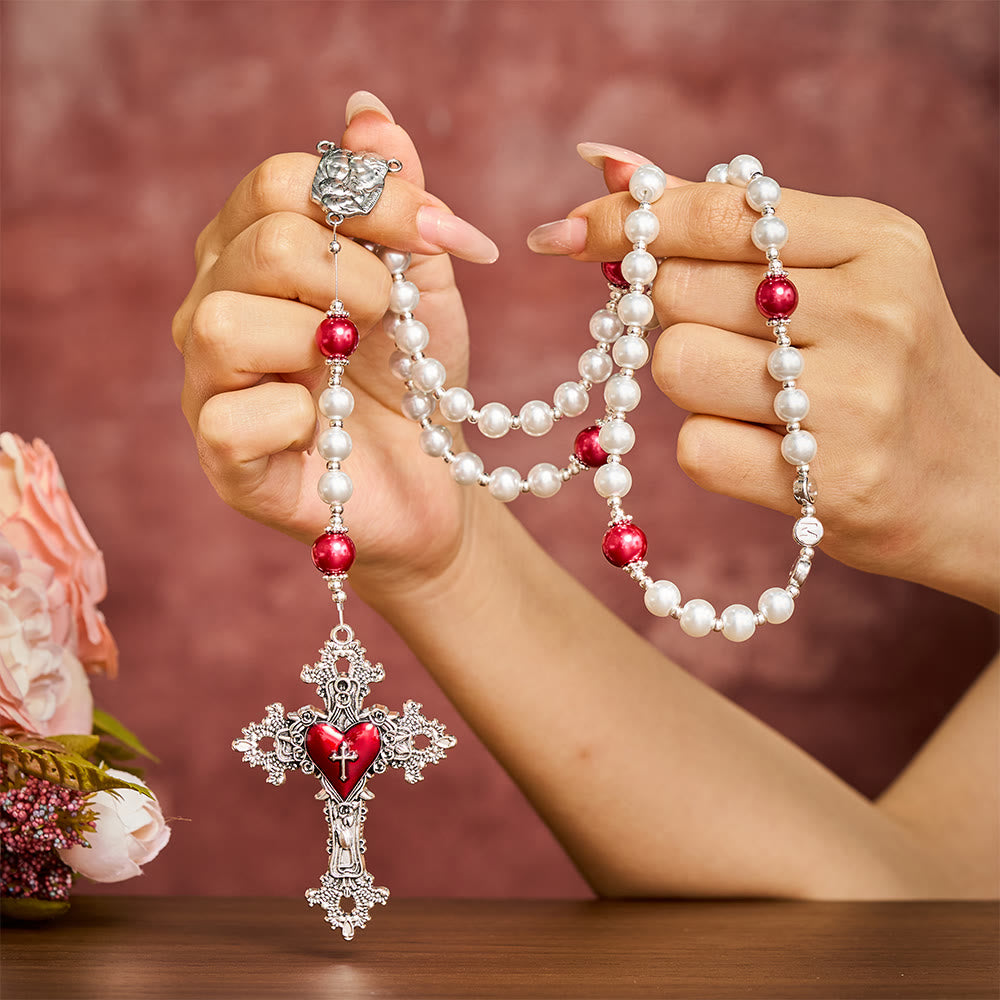 SolaceBeads White Pearl Artistic Rosary With JMJ Letter Beads, Holy Family Medal &amp; Sacred Heart Cross - image 1