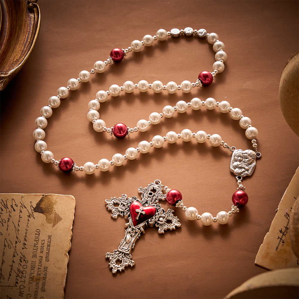SolaceBeads White Pearl Artistic Rosary With JMJ Letter Beads, Holy Family Medal &amp; Sacred Heart Cross - image 8