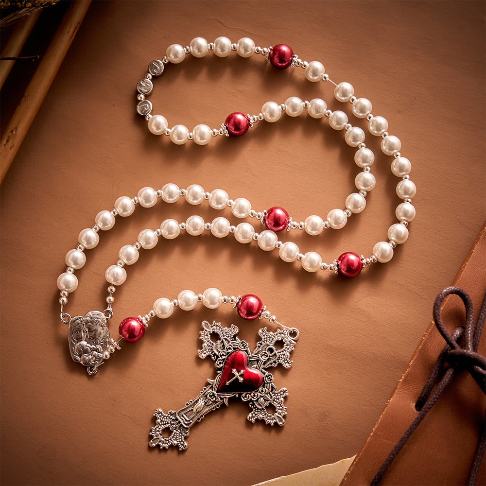 SolaceBeads White Pearl Artistic Rosary With JMJ Letter Beads, Holy Family Medal & Sacred Heart Cross - White - image 0
