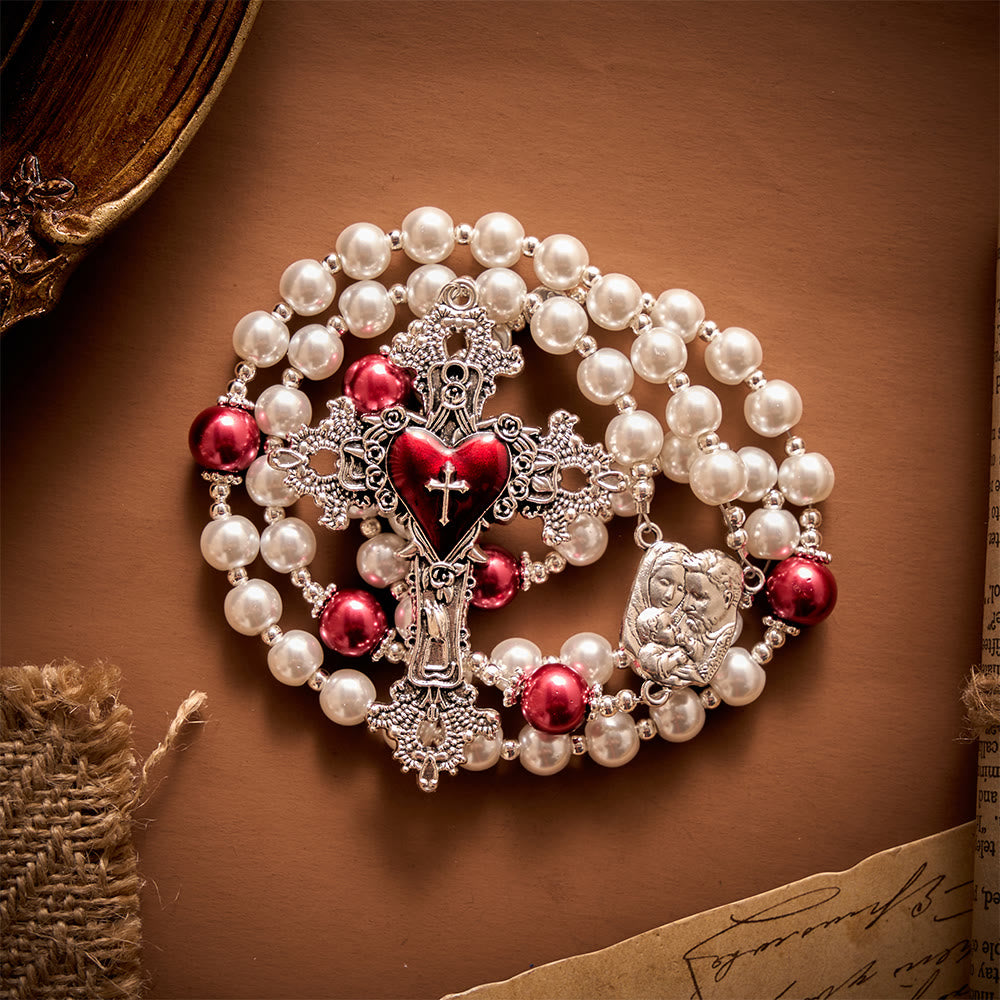 SolaceBeads White Pearl Artistic Rosary With JMJ Letter Beads, Holy Family Medal &amp; Sacred Heart Cross - image 7