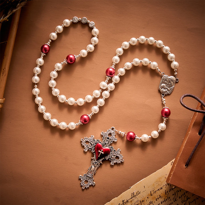 SolaceBeads White Pearl Artistic Rosary With JMJ Letter Beads, Holy Family Medal &amp; Sacred Heart Cross - image 3