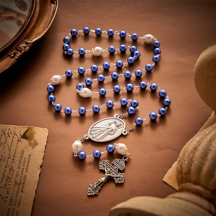 SolaceBeads Multi-Color Pearl Artistic Rosary：Blue/Purple/Pink Options with Crucifix &amp; Medal - Blue - image 0