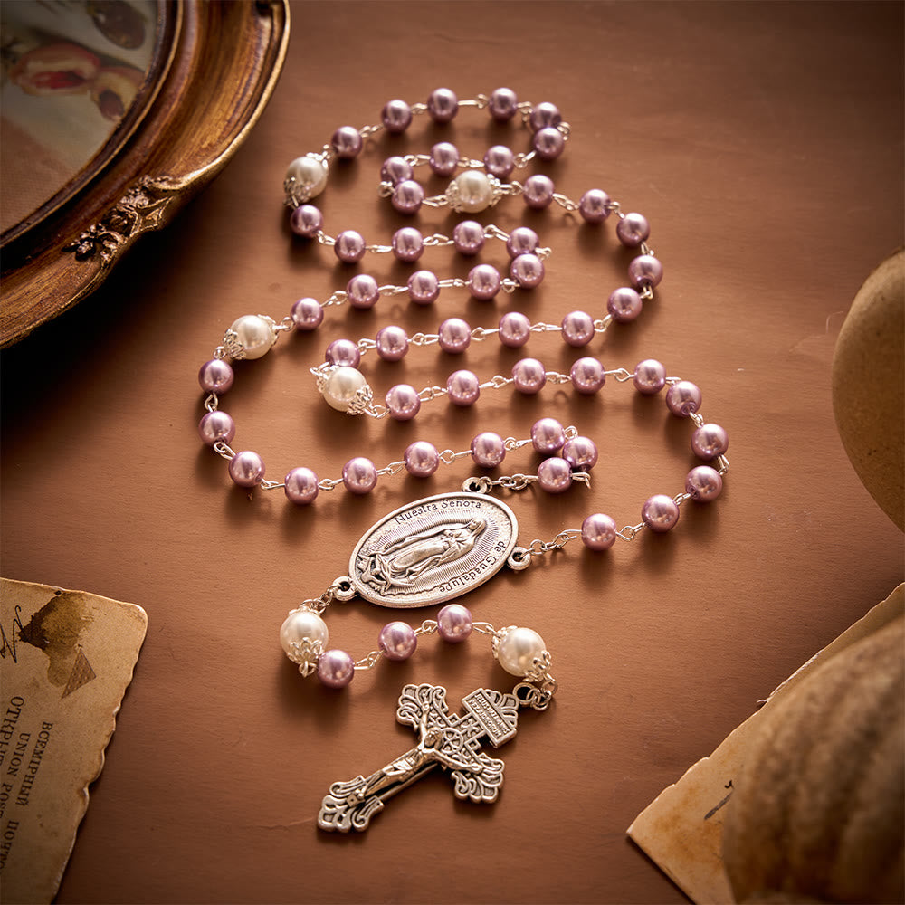 SolaceBeads Multi-Color Pearl Artistic Rosary：Blue/Purple/Pink Options with Crucifix &amp; Medal - Purple - image 8