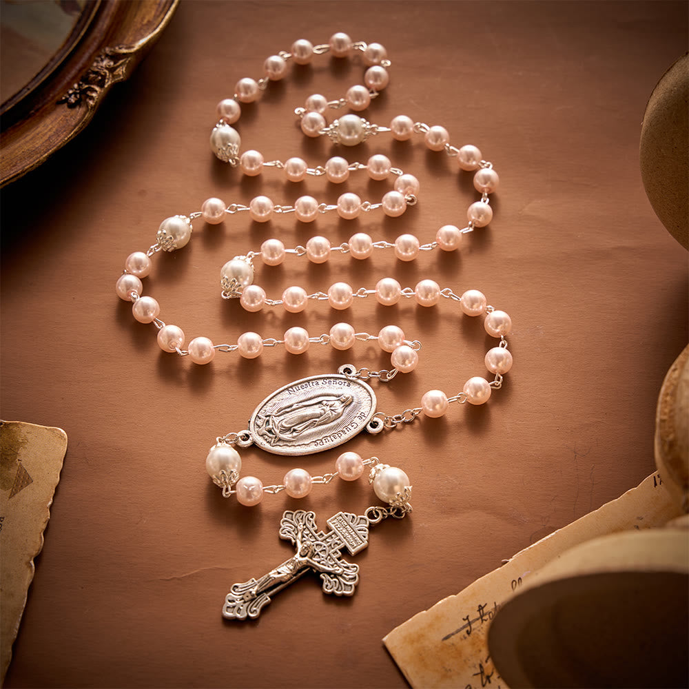 SolaceBeads Multi-Color Pearl Artistic Rosary：Blue/Purple/Pink Options with Crucifix &amp; Medal - Pink - image 13