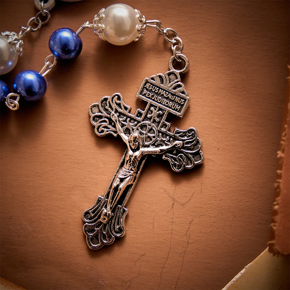 SolaceBeads Multi-Color Pearl Artistic Rosary：Blue/Purple/Pink Options with Crucifix &amp; Medal - image 5